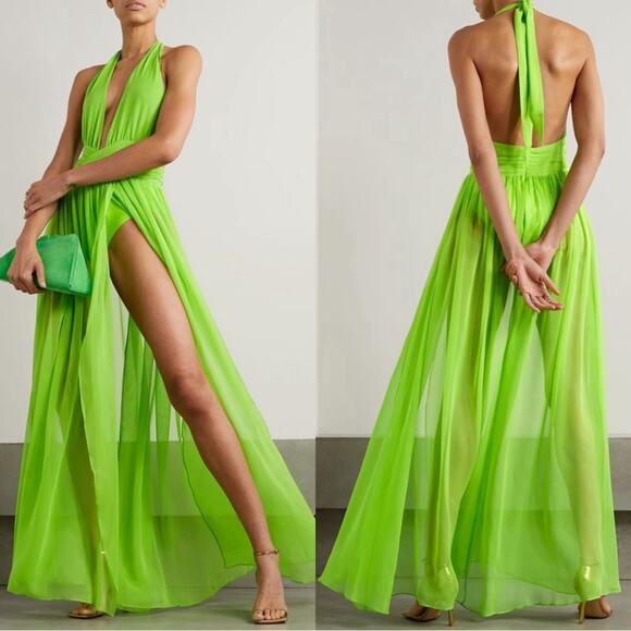 RETROFETE Zion Silk Chiffon Sheer Halterneck Lime Green Maxi Dress Size XS - Picture 2 of 14